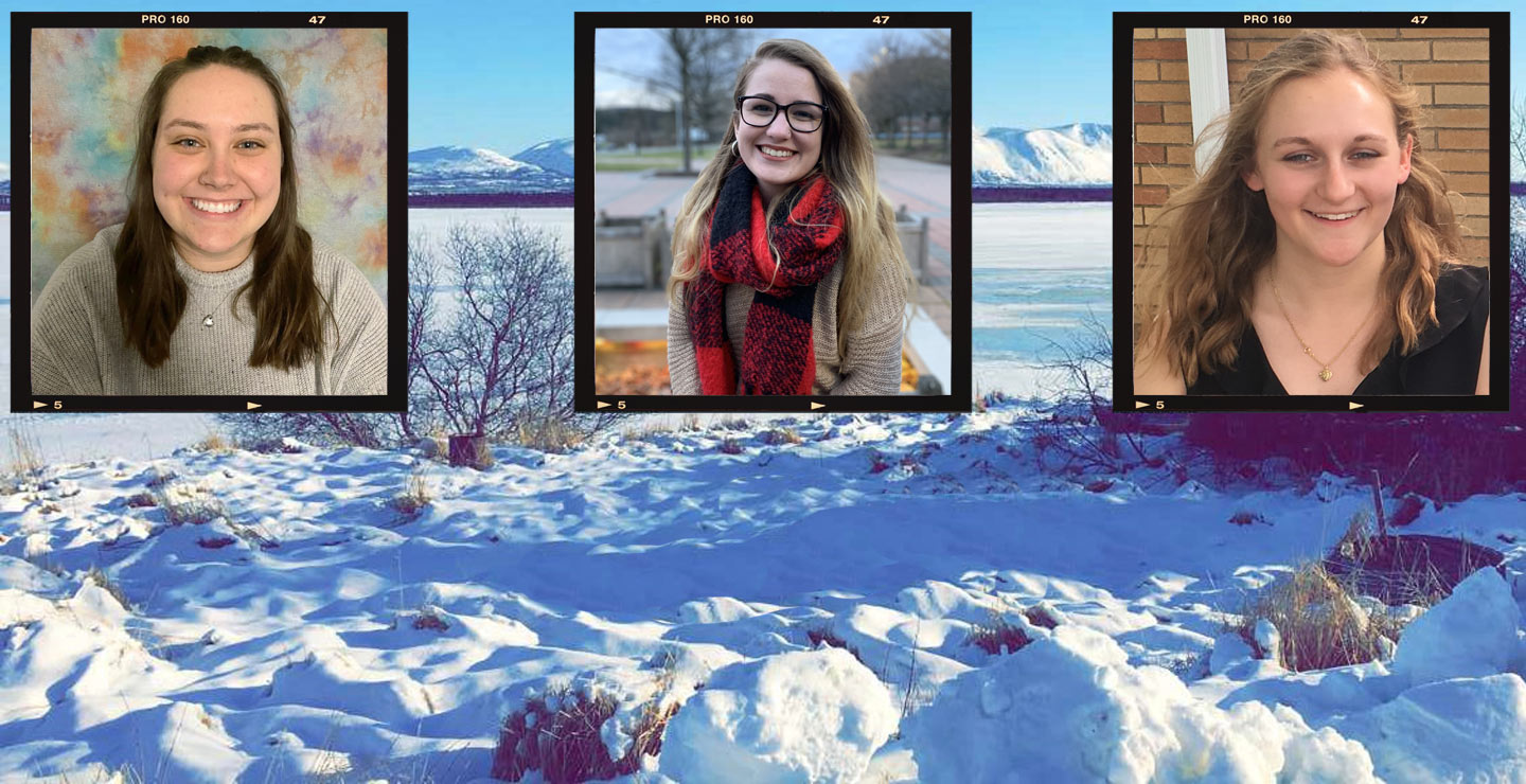 photos of three KU students, inset above snowy Alaskan fields.