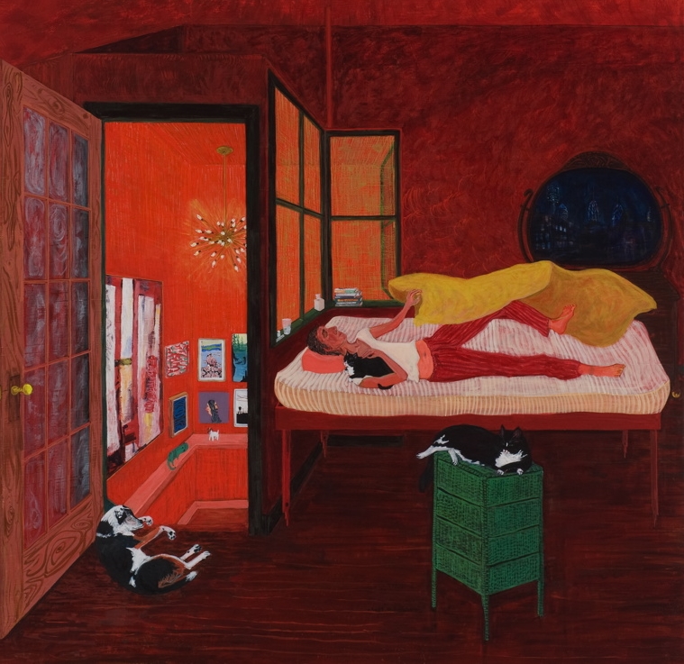 Painting of a woman lying in bed with her covers thrown to the side and a dog sitting behind the bed board 