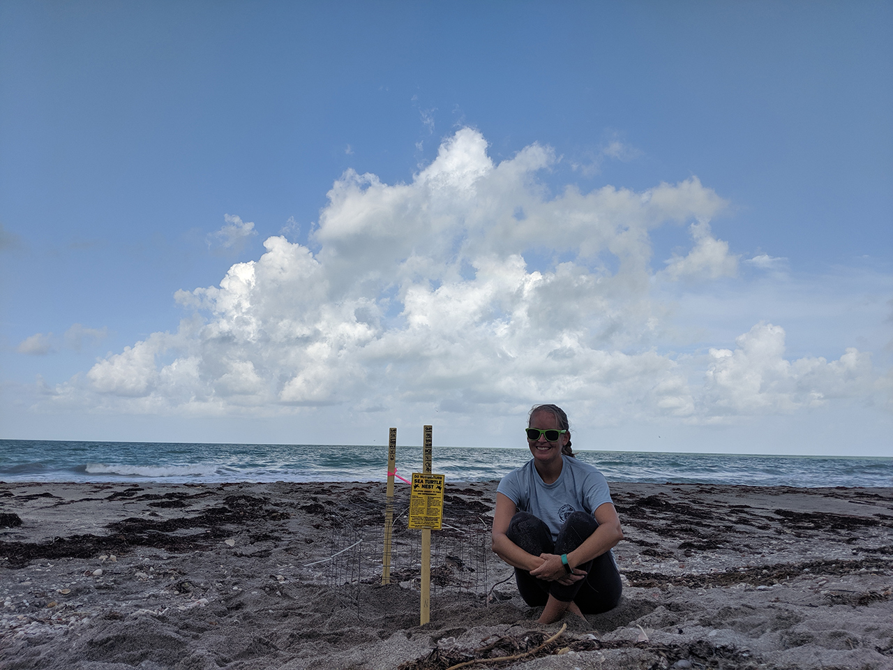 Melissa on the beach next to a marked sea turtle nest