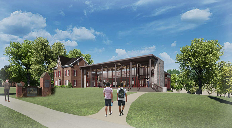 Artists rendering of the Admissions Welcome Center. Shows students walking toward the facility, which sits adjacent to the current KU Welcome sign and Poplar House.