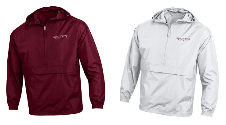maroon 1/4 zip pack-and-go jacket on the left white 1/4 zip pack-and-go jacket on the right
