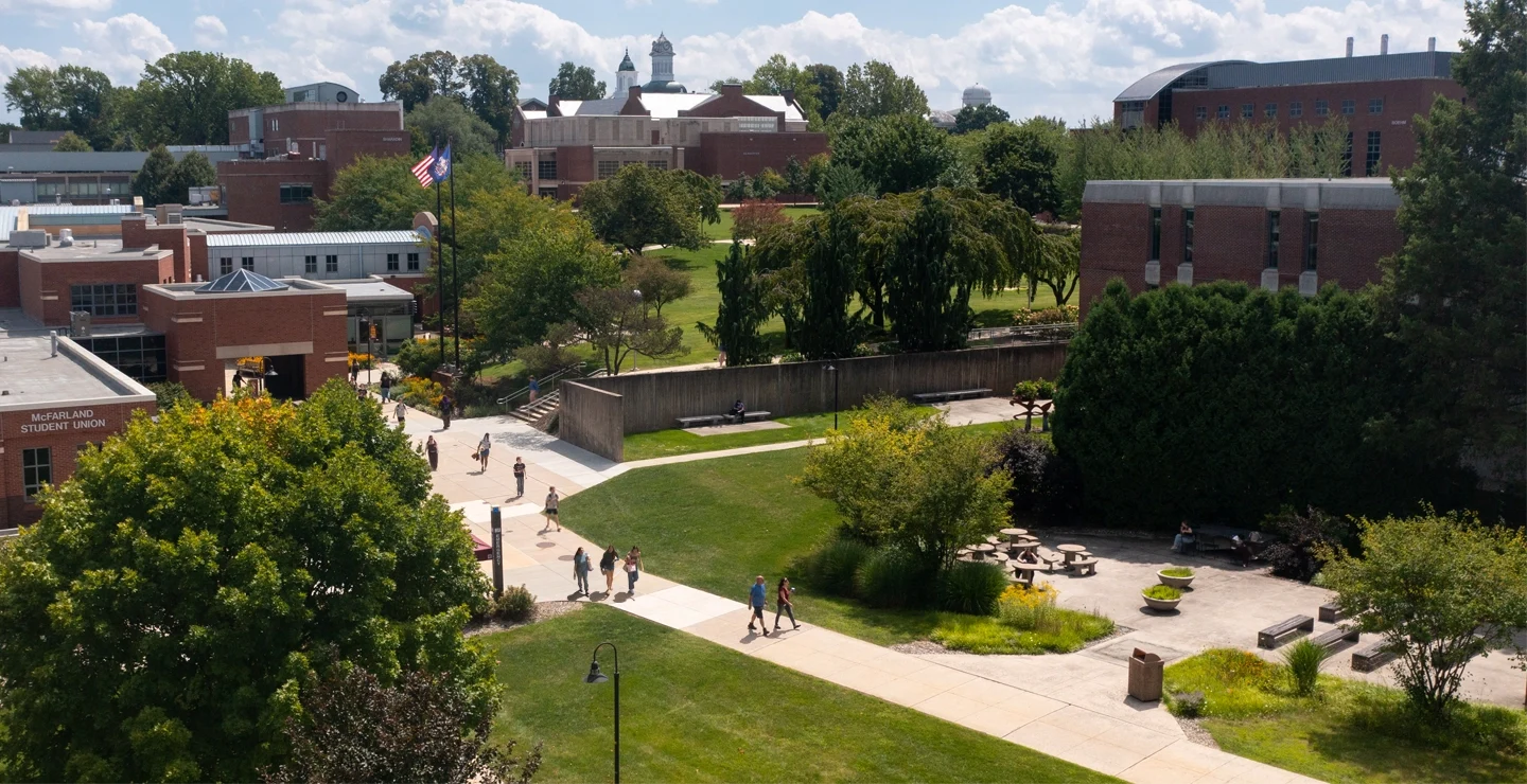 An arial image of multiple people walking on the north side of kutztown university campus on a sunny day