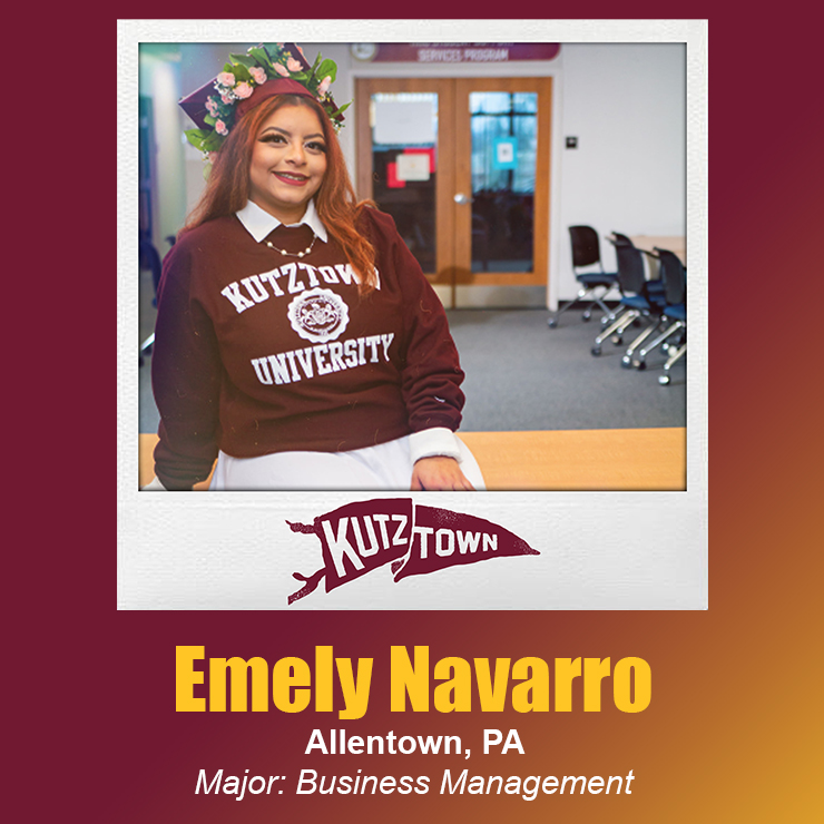 Emily Navarro smiling and sitting in a computer lounge with her name and major, business management, listed below her picture