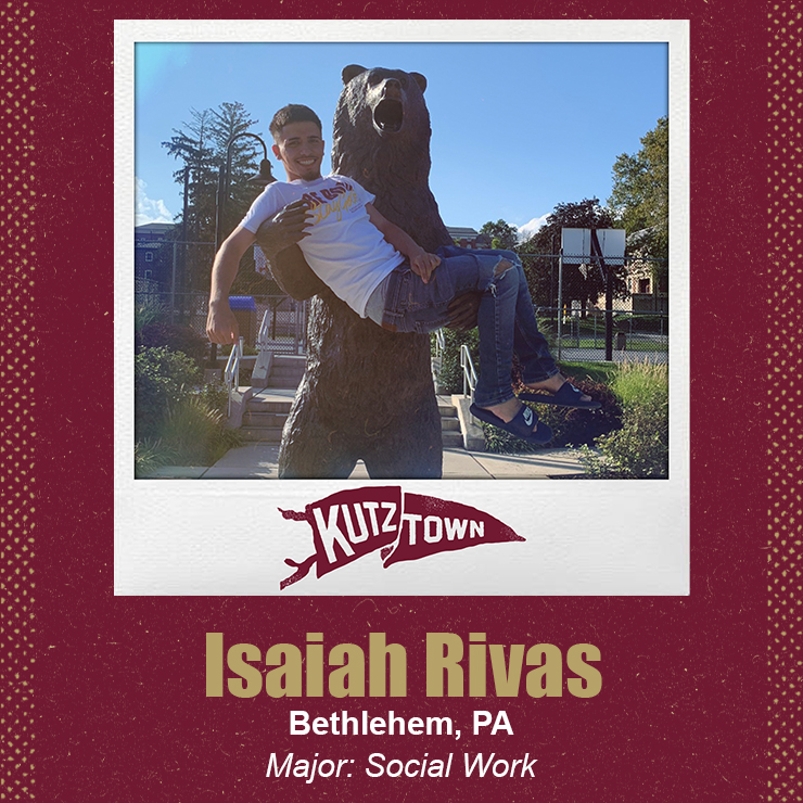 Isaiah Rivas posing in the arms of the roaring bear statue, with his name and major, social work, listed under his picture. 