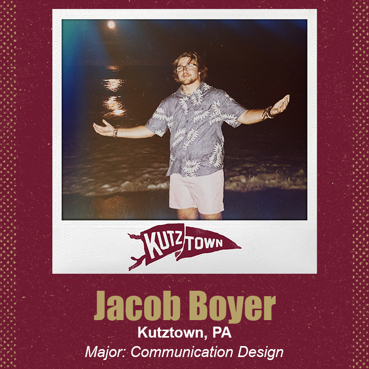 Jacob Boyer standing outside, posing with his arms spread out wide and smiling, with his name and major, communication design, listed below his picture