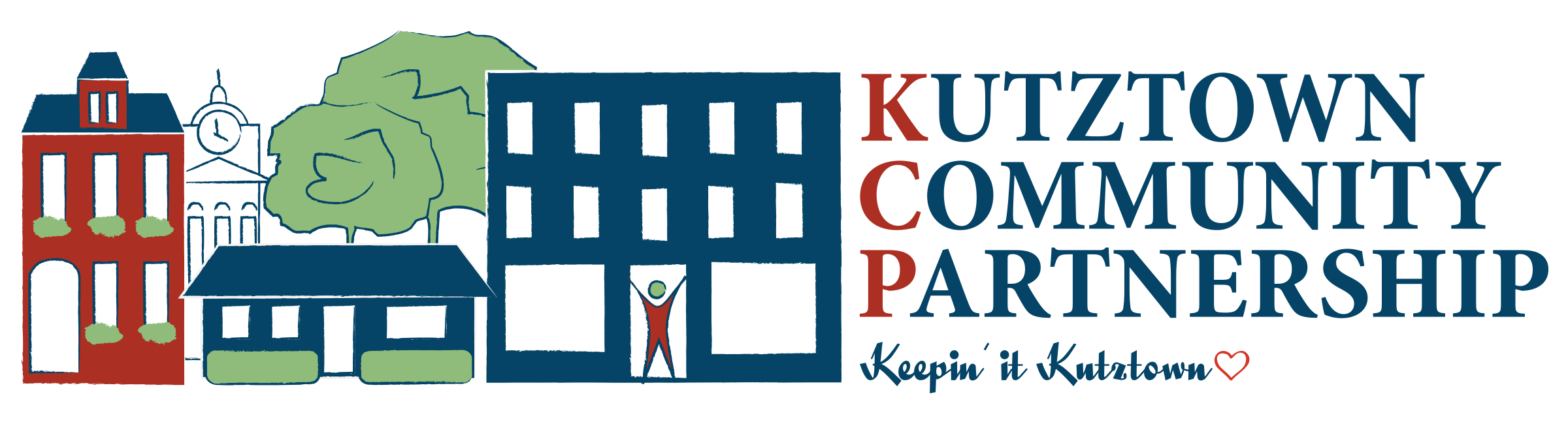 KCP logo, depictions of buildings, trees at the KU clock tower, aside the text "Kutztown Community Partnership, Keepin it Kutztown"
