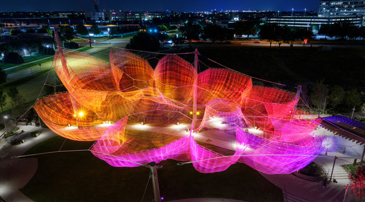 Aerial view of artistic display by Janet Echelman