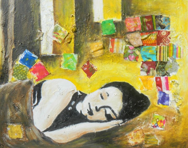 Painting of a sleeping woman surrounded by colorful cubes 