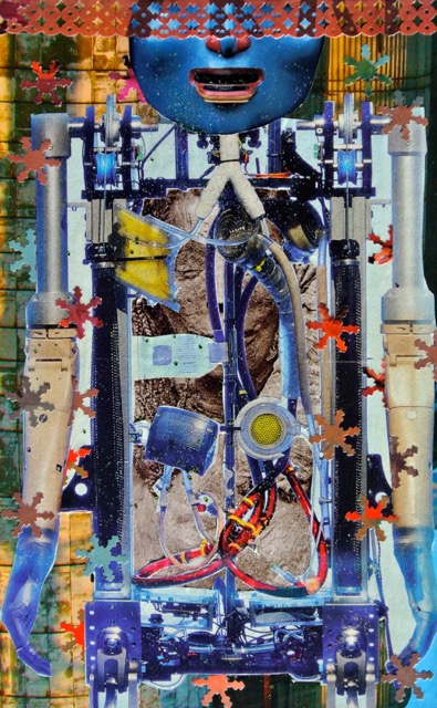 Painting of what looks like the bottom half of a blue human face, attached to machinery and tubes 