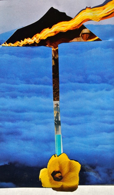 Collage piece of a sky with an island shooting fire at the top, leading in a column to a yellow flower blossom at the bottom