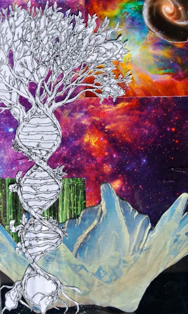Black-and-white DNA strand that grows into tree branches, atop a colorful outer space background 