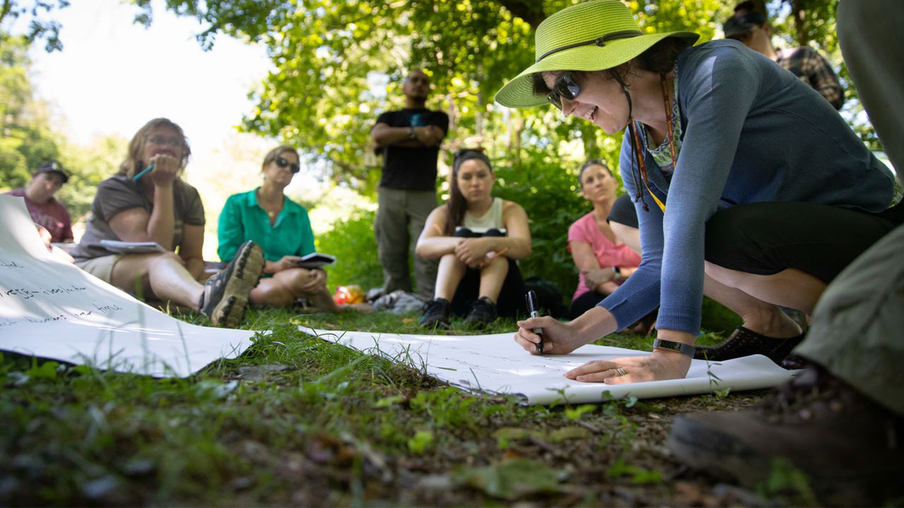Art Education Students sketching on large pads on the grass outside