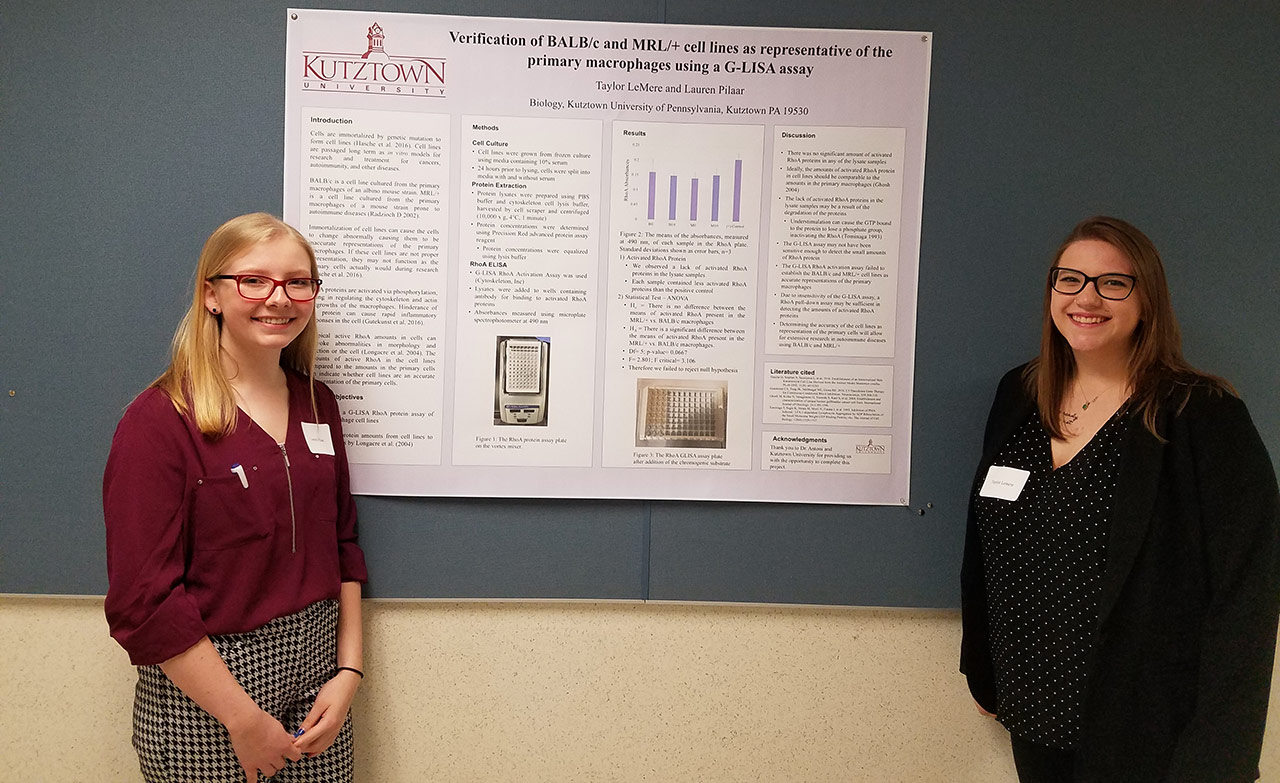 Two female students stand on either side of a poster that lists criteria for the "Verification of BALB/c and MRL/+ cell lines as representative of the primary macrophages using a G-LISA assay."  