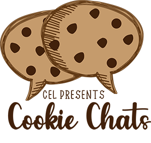Cartoon speech bubbles with chocolate chip cookies inside above the words "CEL presents cookie chats"