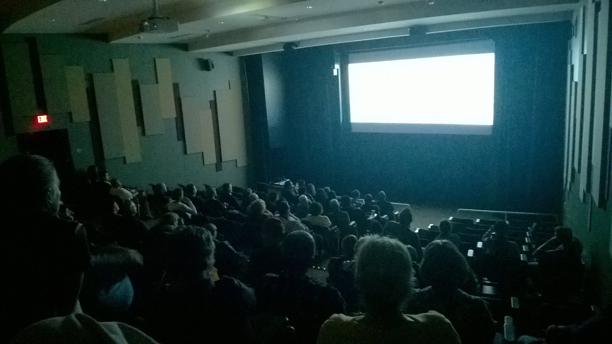 Full auditorium of people, sitting in the dark and watching a video on the projector screen onstage. 