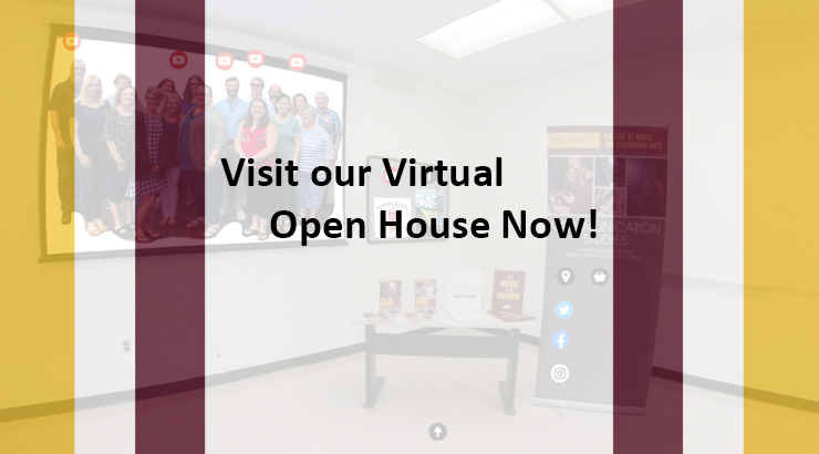 Picture of Classroom with the text "visit our virtual open house now!" 