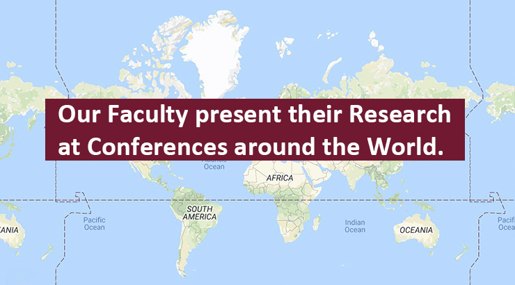 world map with the text "Our faculty presents their research at conferences around the world"