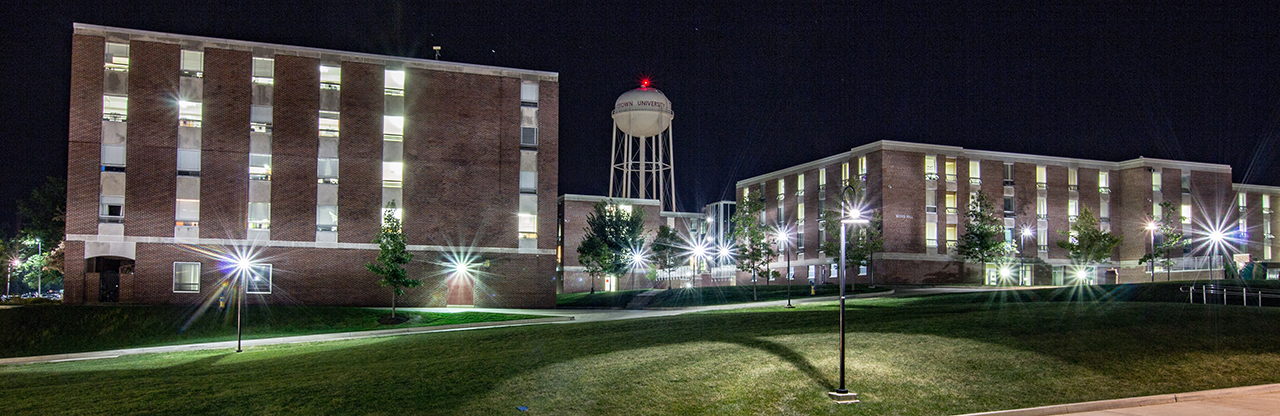 picture of residence halls at night