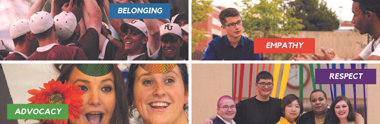 Diversity masthead, highlighting belonging, empathy, advocacy and respect with pictures of students of all backgrounds smiling and enjoying themselves 