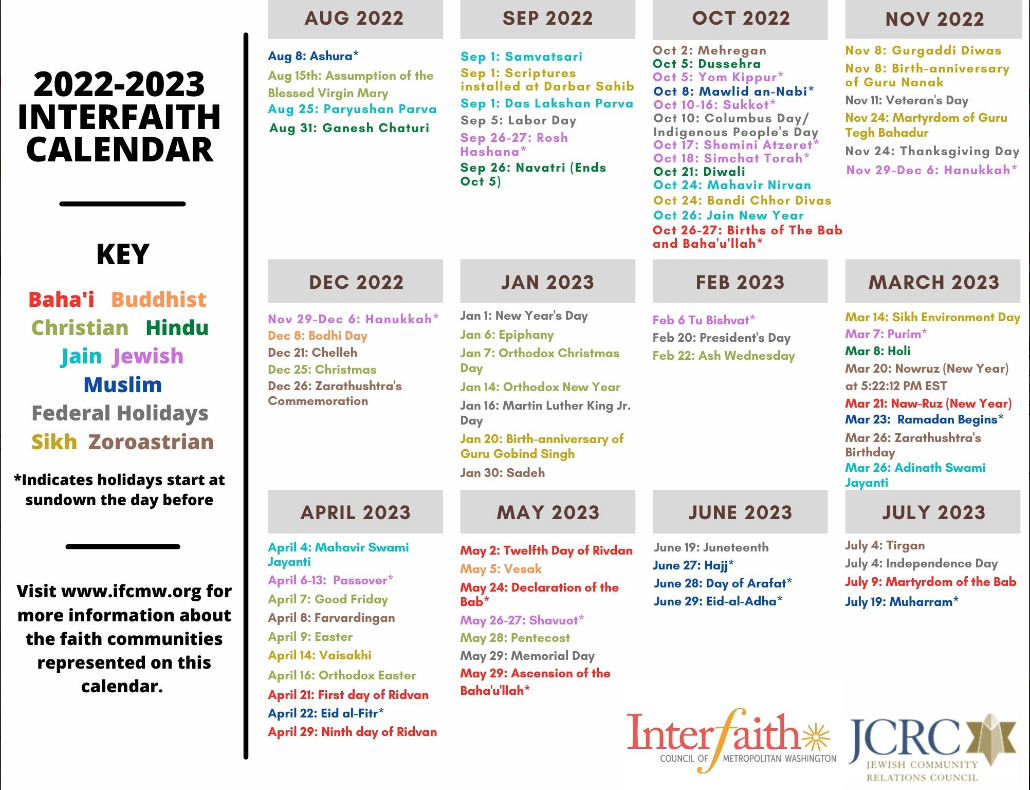 white interfaith calendar with dates in different colors