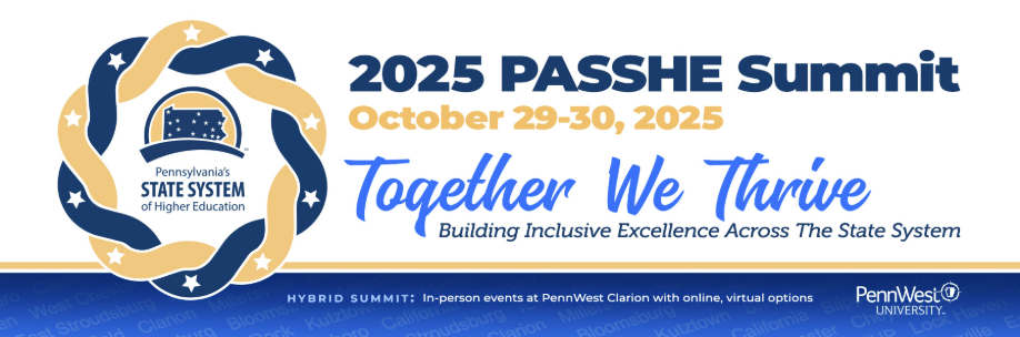 white graphic with blue letters advertising PASSHE Summit