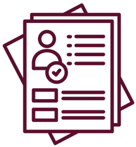 icon of a paper form with lines indicating text, a minimalist image of a person, and a checkmark indicating approval