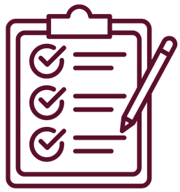 minimalist icon of a paper with lines indicating writing, a checkmark, and a stamp