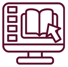 stylized icon of computer desktop with open book and cursor