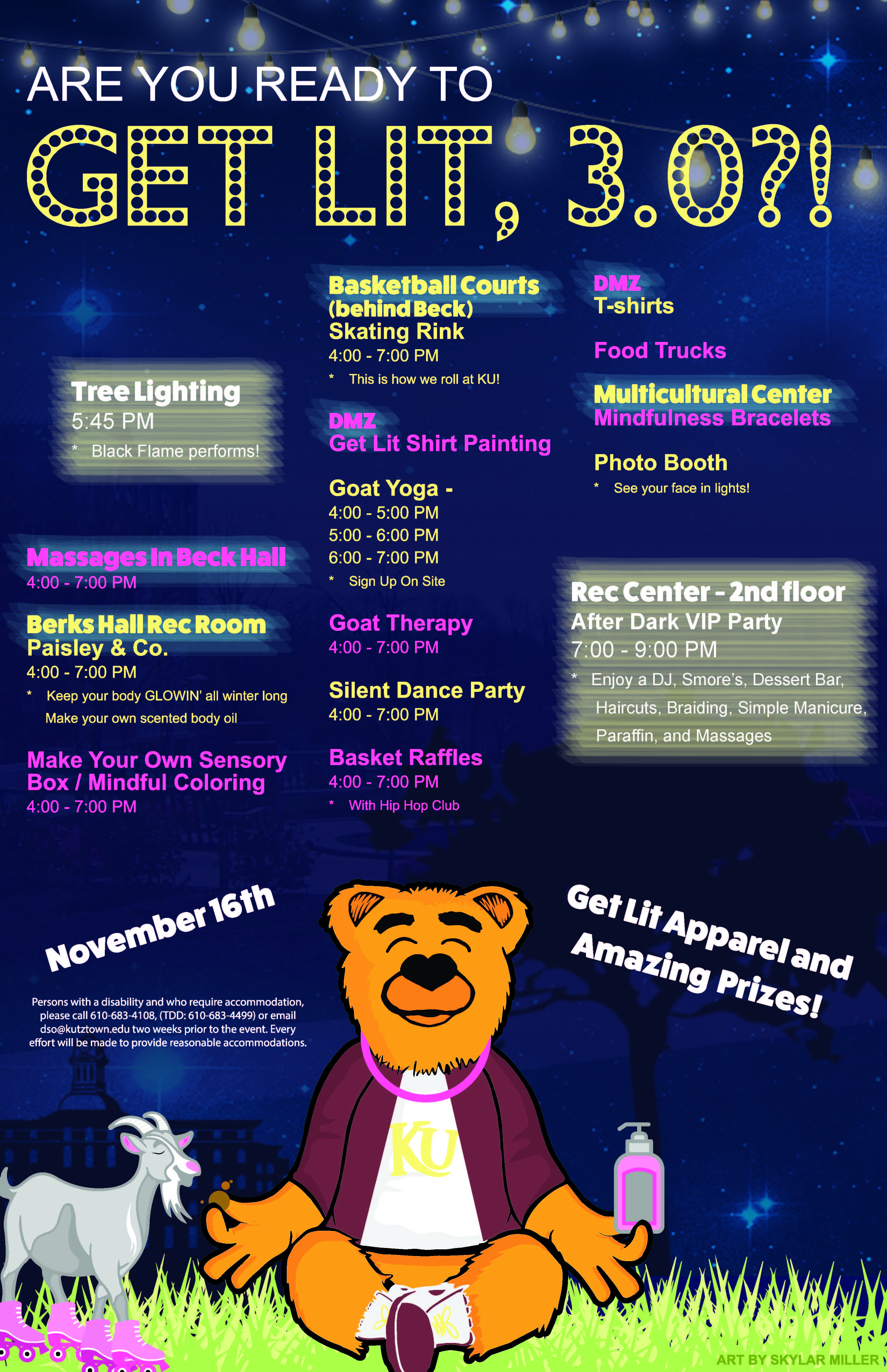 dark blue background. schedule of events for Get Lit 3.0. goat in roller skates next to a bear meditating with a bottle of lotion in one hand grass along bottom of picture.