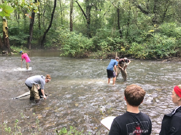 students wearing waders collecting biological samples in a stream