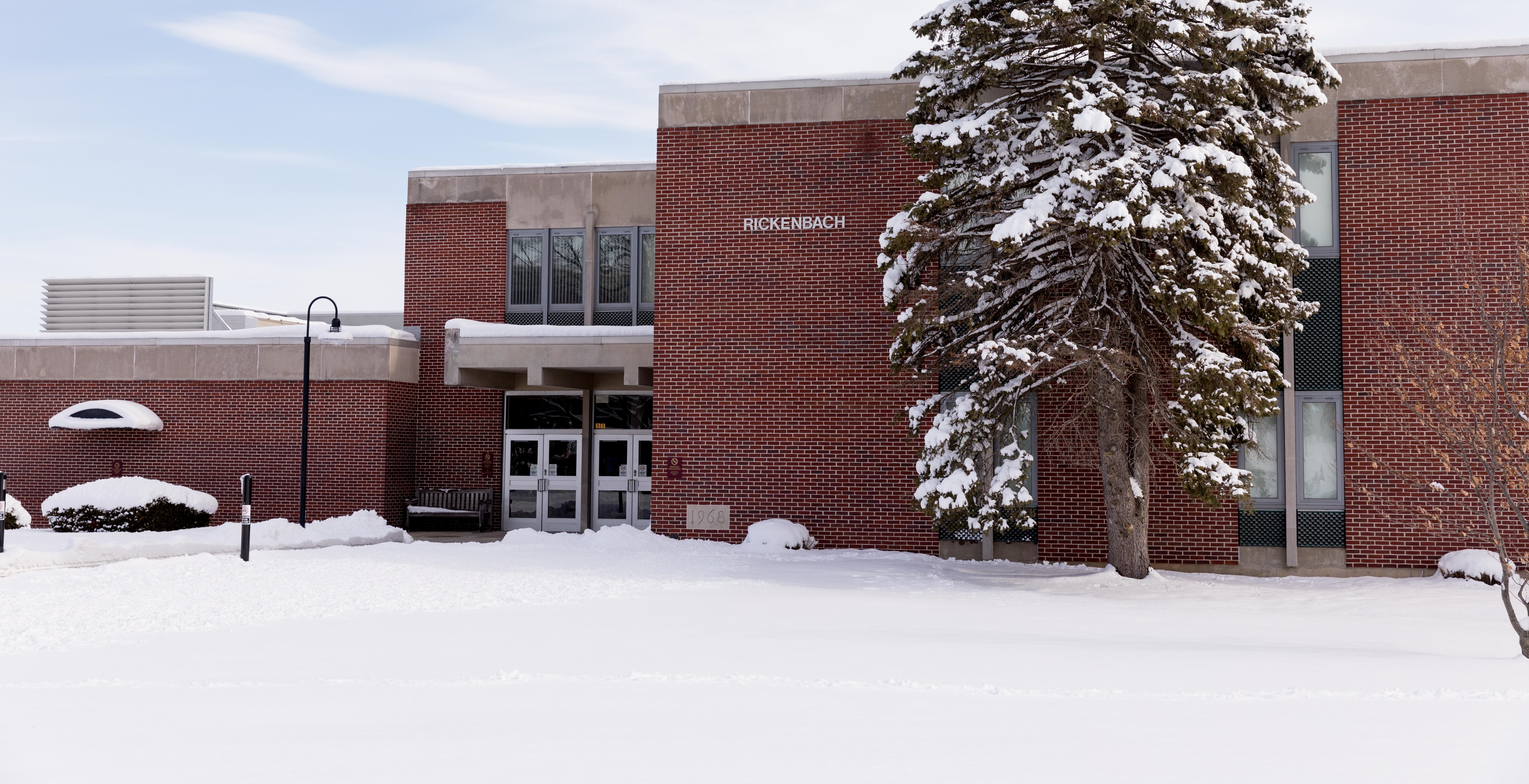 Exterior photo of Rickenbach Learning Center on a Snowy Day.