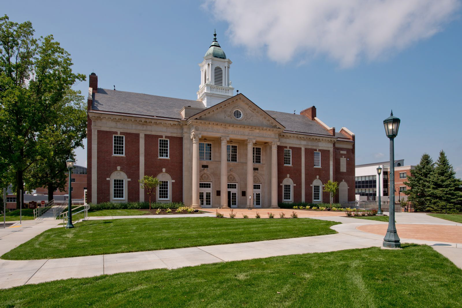 Exterior shot of Schaeffer Auditorium. 