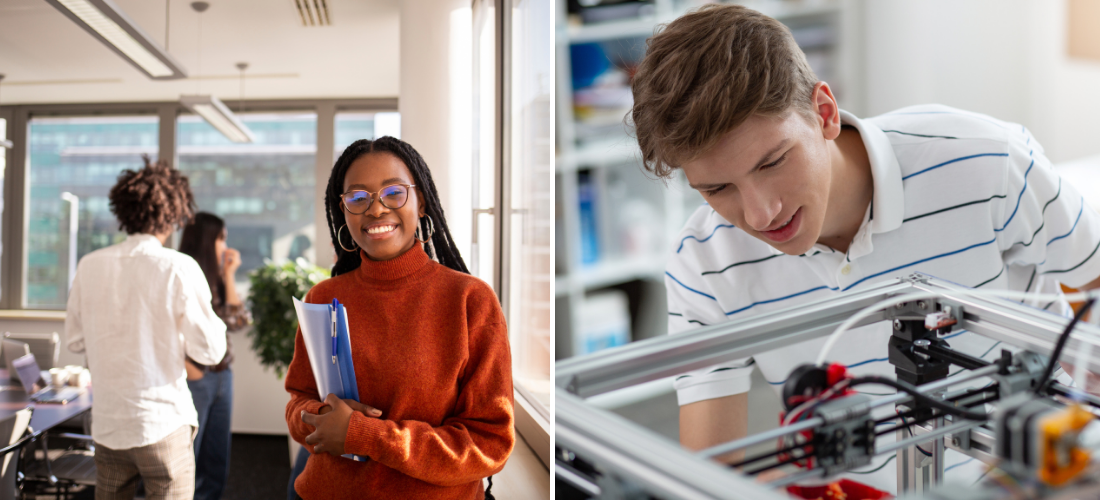 Woman in classroom holding folder & man working on computer hardware