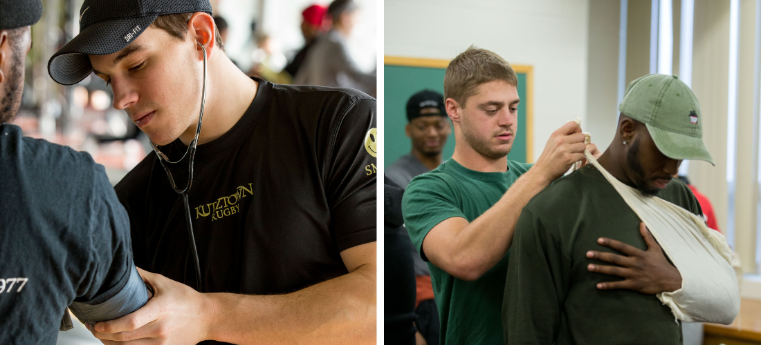 Man taking blood pressure & man practicing slinging an arm