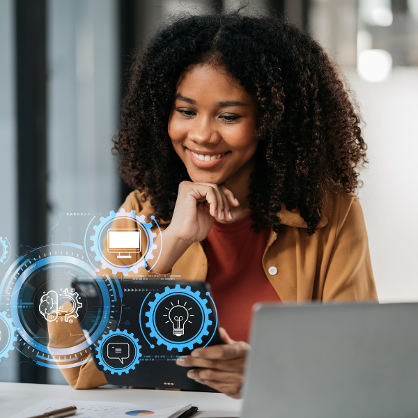 Woman on computer smiling