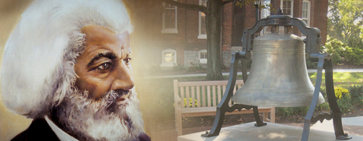 Headshot of Frederick Douglas next to the Liberty Bell