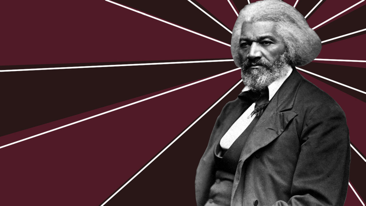 Portrait of Frederick Douglass with a graphical background of maroon and black shapes.
