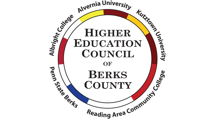 Higher Education Council of Berks County logo, A graphic of a circle with yellow orange red whit a blue color blocks on the outside lining the circle. The inside of the circle is white with the words Higher education council of berks county in black type. The following school names are listed in black type in the same font in a circle lining the outside of the logo. Albright college Alvernia University Kutztown University Reading Area Community College Penn State Berks.