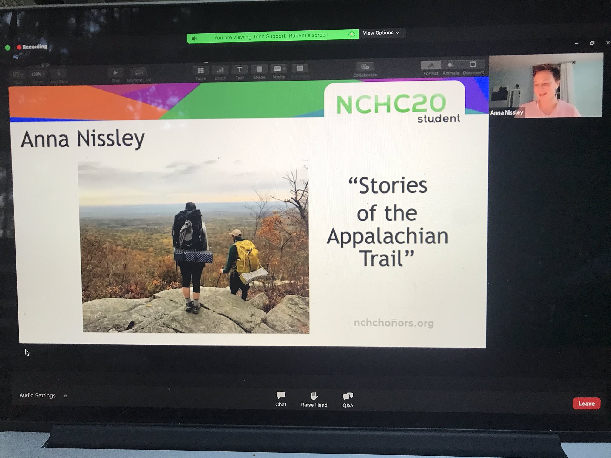 Anna Nisley (top right corner) presenting a powerpoint on "Stories of the Appalachian Trail" via zoom call 