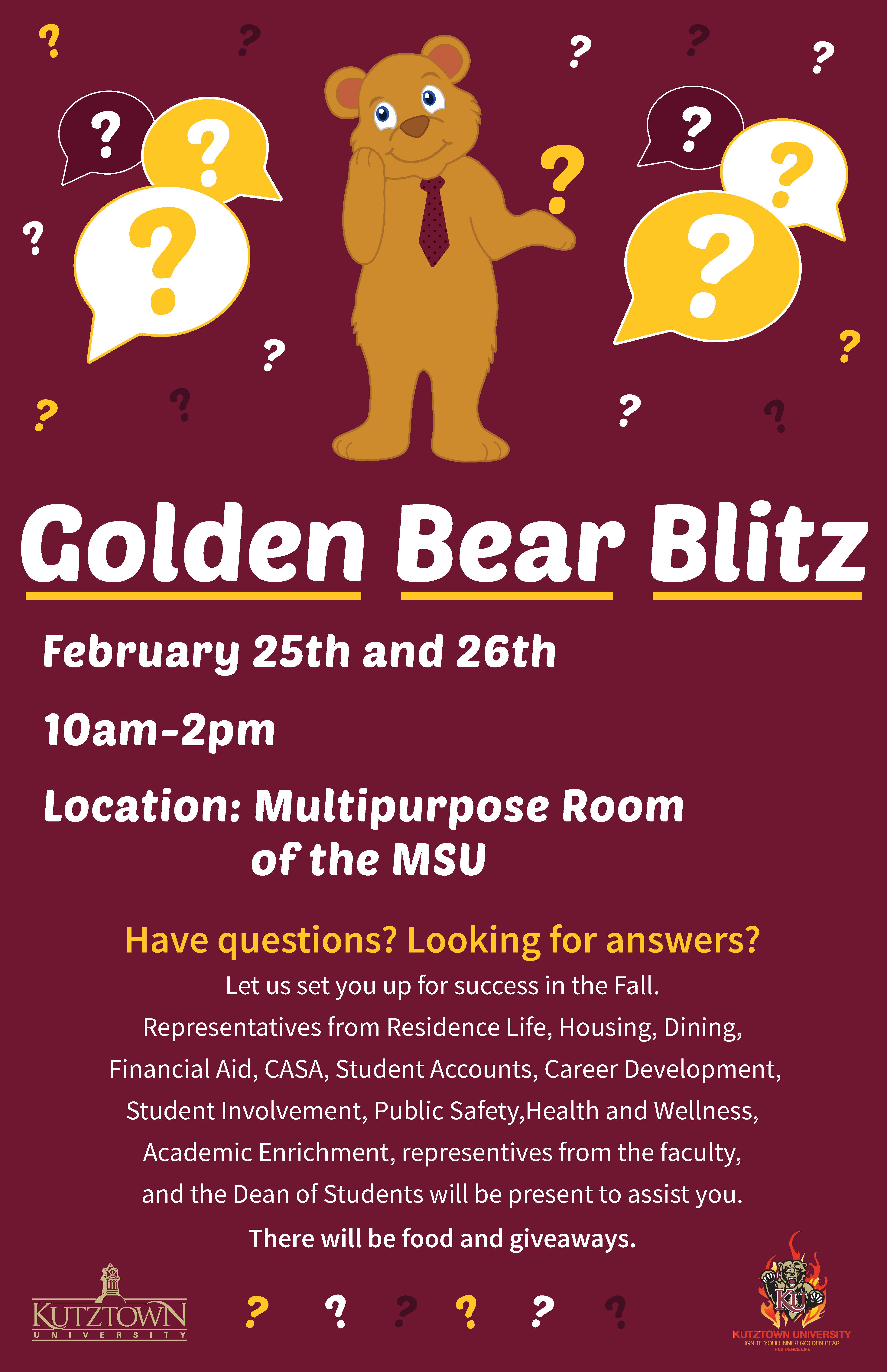 Poster for Golden Bear Blitz on February 25th and 26th, 2020 from 10am-2pm in MSU 218