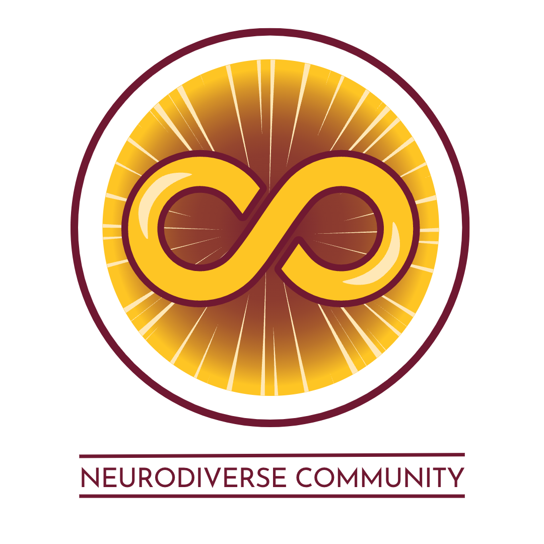 Gold and Maroon circle with infinity sign in the middle and text at bottom of logo that reads: "Neurodiverse Community"