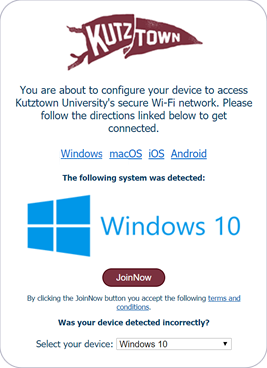 Notification about accessing KU wifi on the selected device, with the Kutztown logo on top of the page and the Windows 10 logo on the bottom, above a button with the word "join"
