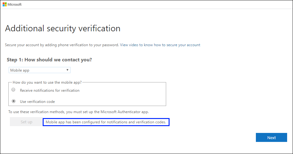 Additional Security Verification Step 1: Contact with "use mobile code" selected above and a notice below that says "mobile app has been configured for notifications"