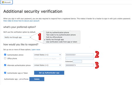 Additional verification page, where you can setup the method of contact for verification, by mobile app, text, or phone call at the top, and a space to add a phone number at the bottom. 
