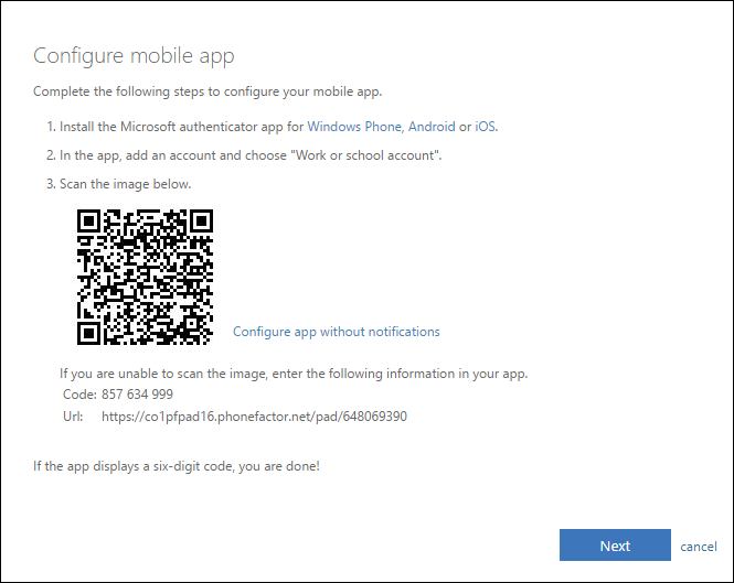 Configure mobile app page that displays a QR code linking to the app store