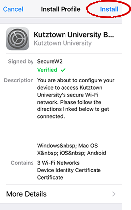 popup in settings to install the KU wifi profile, with a button in the top right that says "install" circled in red