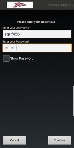 Kutztown wifi login screen in the secure w2 app