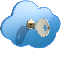 Cloud security logo: a key in a blue cloud 