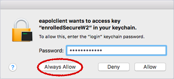 Prompt to allow selected device to add a password keychain, with the "always allow" button on the left circled in red 