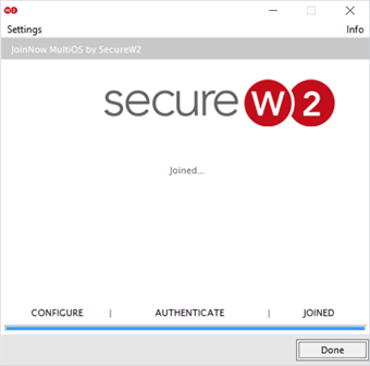 Secure w2 confirmed installation page, with a button that says "done" in the bottom right corner